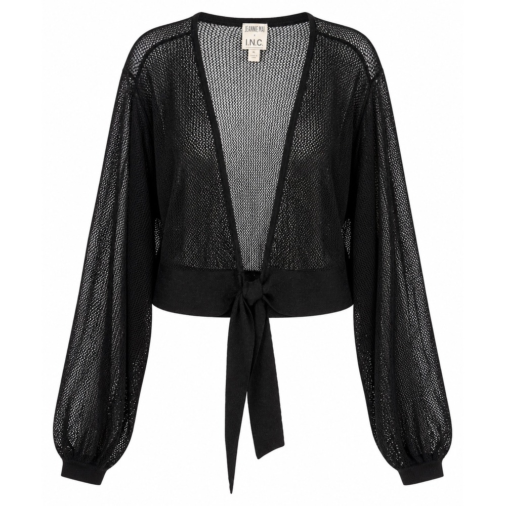 Jeannie Mai x I.N.C. Tie-Front Sweater Black Metallic Mesh Balloon Sleeve XL